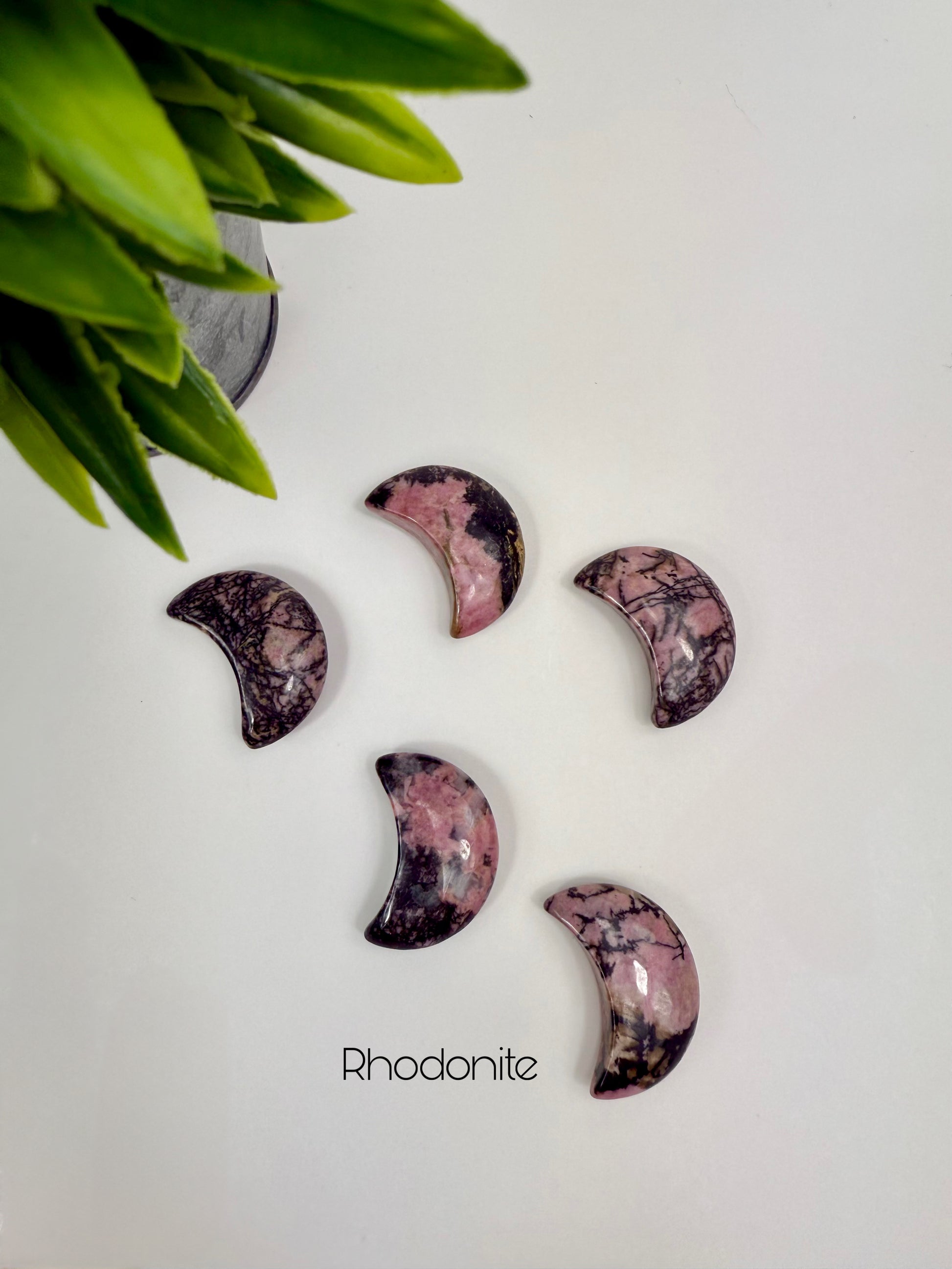 Rhodonite Crystal Moon Carvings