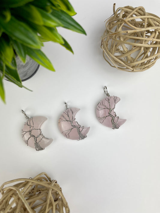 Rose Quartz Wire Wrapped Moon Pendants